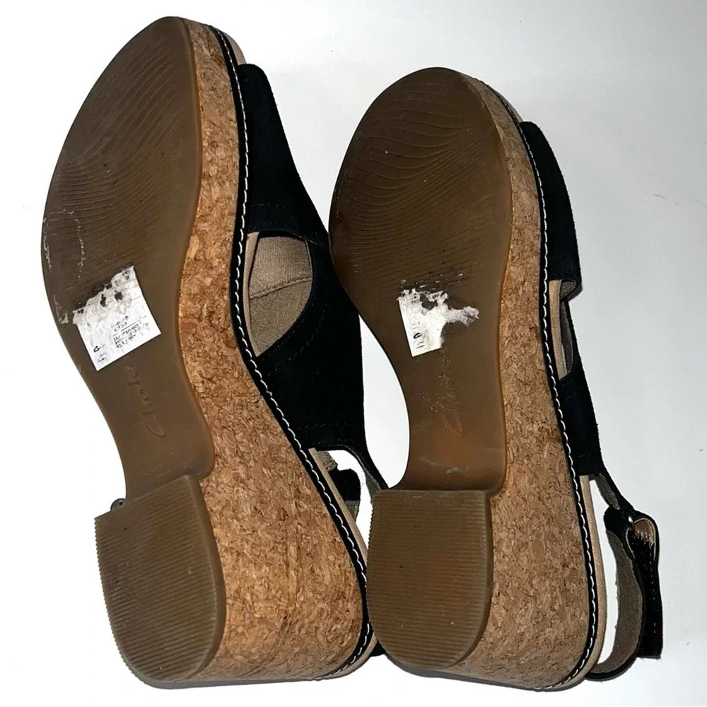 Clarks Black Suede Wedge Sandals Size 9 - Picture 10 of 12